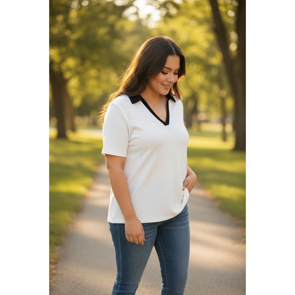 AVA & VIV Black & White Contrast Collar Blouse Top XXL NWT Chic Minimal - Picture 7 of 7